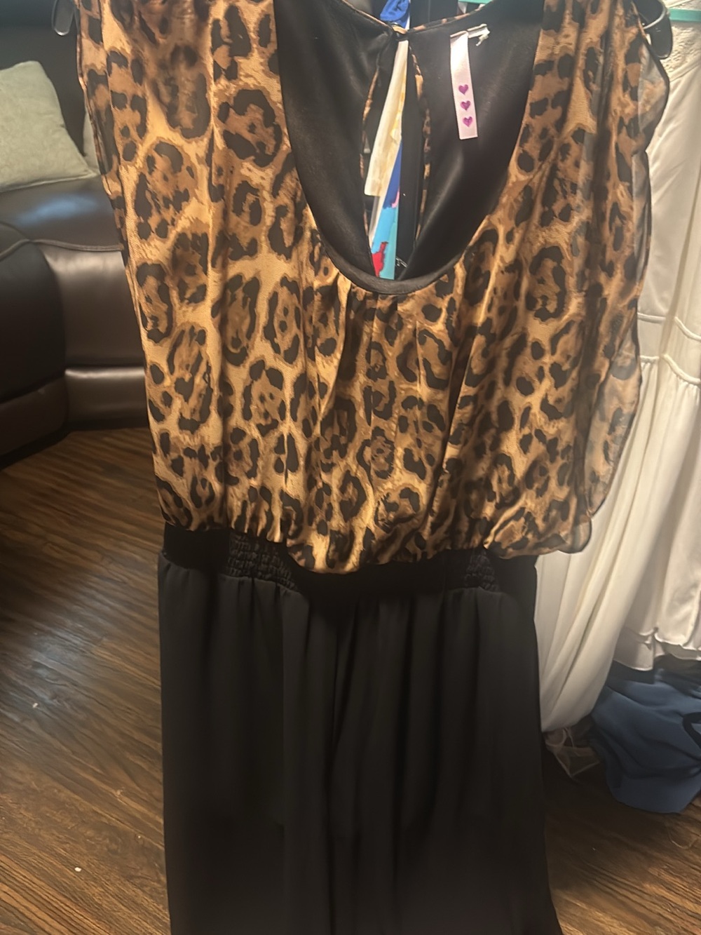 Leopard Print Blouson Dress with Black Skirt